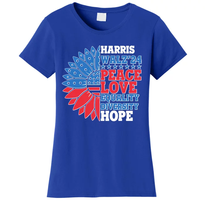 Patriotic Harris Walz Peace Love Equality Diversity Hope 2024 Usa Sunflower Women's T-Shirt