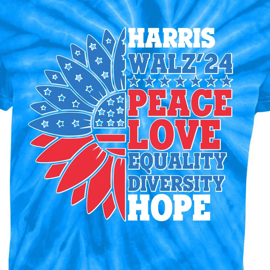 Patriotic Harris Walz Peace Love Equality Diversity Hope 2024 Usa Sunflower Kids Tie-Dye T-Shirt