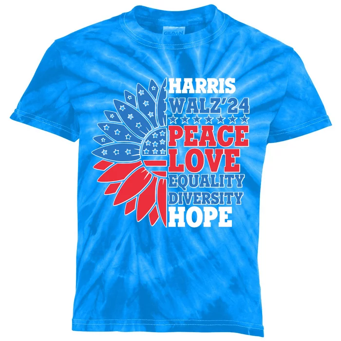 Patriotic Harris Walz Peace Love Equality Diversity Hope 2024 Usa Sunflower Kids Tie-Dye T-Shirt