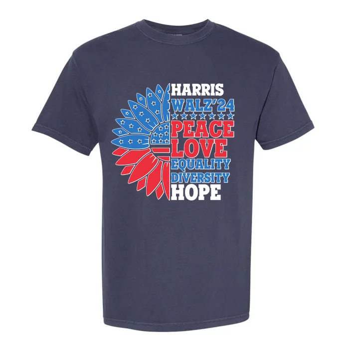 Patriotic Harris Walz Peace Love Equality Diversity Hope 2024 Usa Sunflower Garment-Dyed Heavyweight T-Shirt