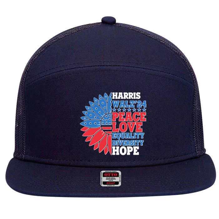 Patriotic Harris Walz Peace Love Equality Diversity Hope 2024 Usa Sunflower 7 Panel Mesh Trucker Snapback Hat