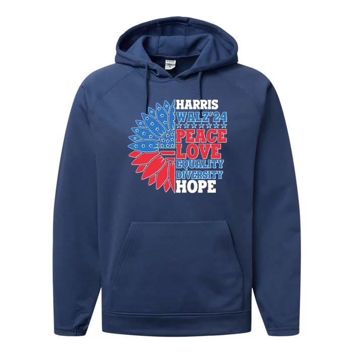 Patriotic Harris Walz Peace Love Equality Diversity Hope 2024 Usa Sunflower Performance Fleece Hoodie