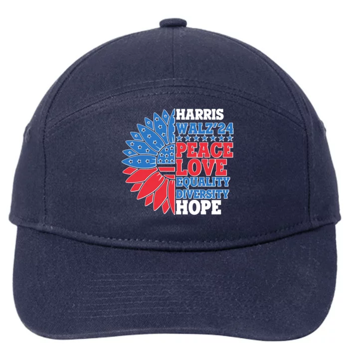 Patriotic Harris Walz Peace Love Equality Diversity Hope 2024 Usa Sunflower 7-Panel Snapback Hat