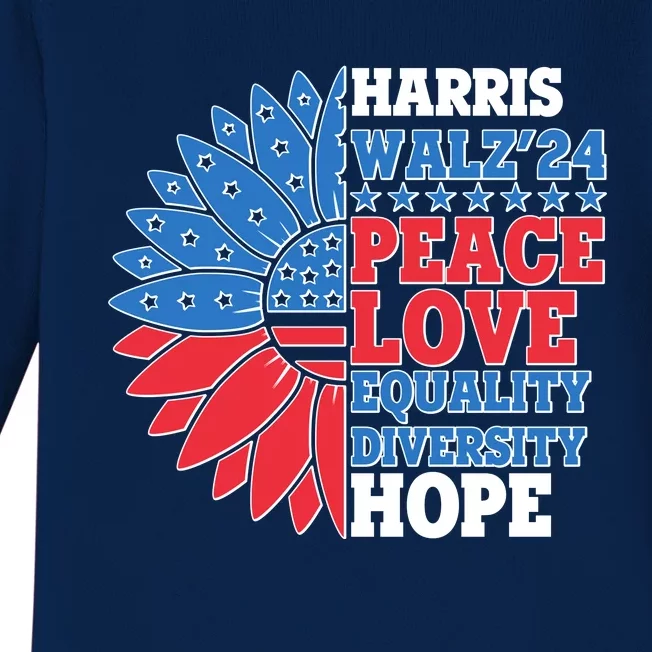 Patriotic Harris Walz Peace Love Equality Diversity Hope 2024 Usa Sunflower Baby Long Sleeve Bodysuit