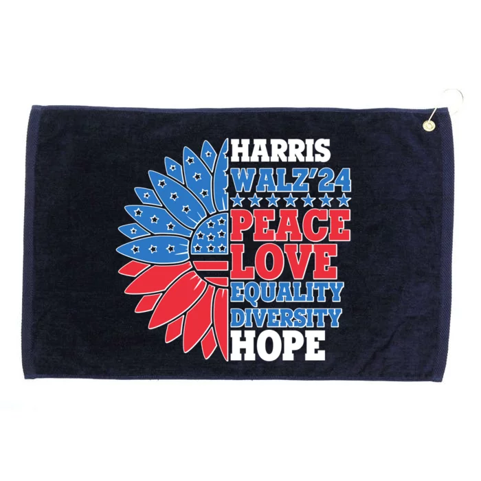 Patriotic Harris Walz Peace Love Equality Diversity Hope 2024 Usa Sunflower Grommeted Golf Towel