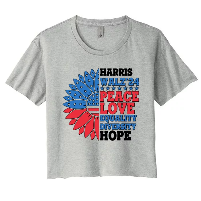 Patriotic Harris Walz Peace Love Equality Diversity Hope 2024 Usa Sunflower Women's Crop Top Tee