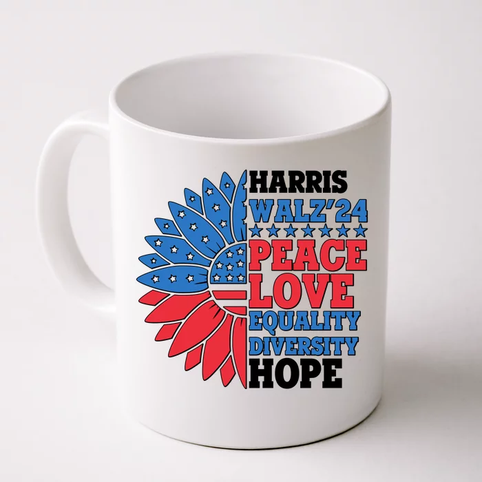 Patriotic Harris Walz Peace Love Equality Diversity Hope 2024 Usa Sunflower Front & Back Coffee Mug