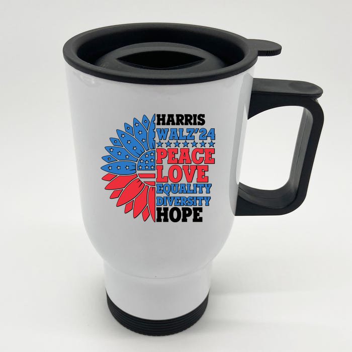 Patriotic Harris Walz Peace Love Equality Diversity Hope 2024 Usa Sunflower Front & Back Stainless Steel Travel Mug