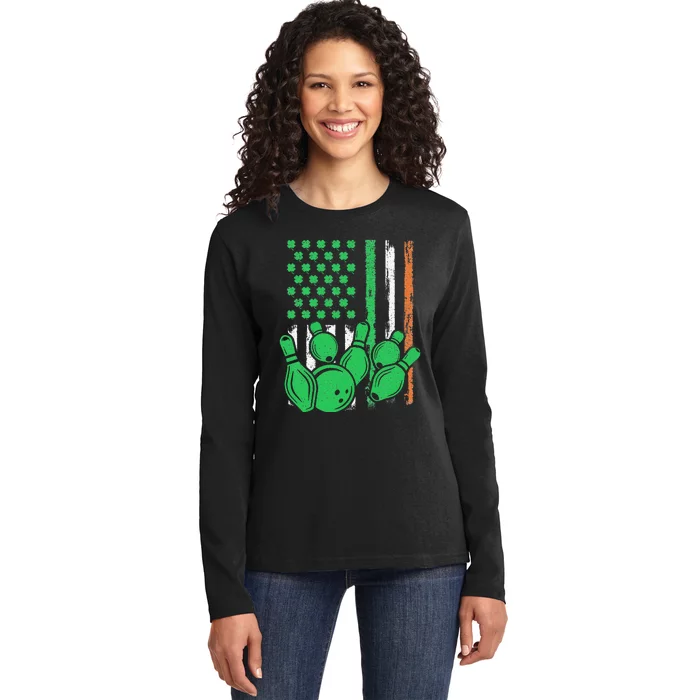 Patriotic Irish American Flag Bowling St. Patrick's Day Ladies Long Sleeve Shirt