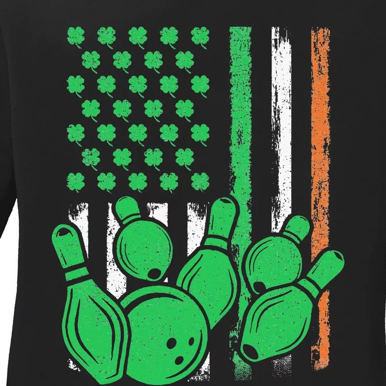 Patriotic Irish American Flag Bowling St. Patrick's Day Ladies Long Sleeve Shirt