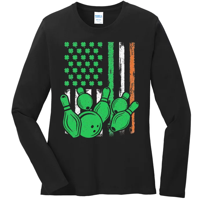 Patriotic Irish American Flag Bowling St. Patrick's Day Ladies Long Sleeve Shirt