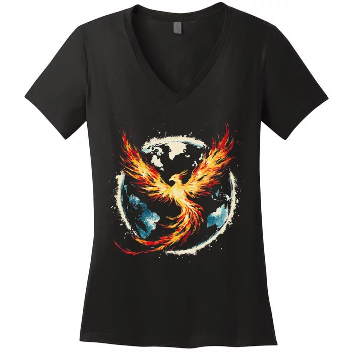 Phoenix Immortal Bird Vintage Mythical Fire Creature Women's V-Neck T-Shirt