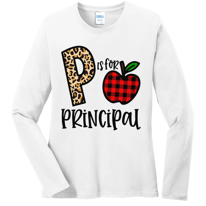 P Is For Principal Leopard Plaid Funny Back to School Gift Ladies Long Sleeve Shirt