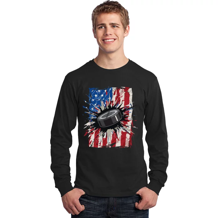 Patriotic Ice Hockey 4th Of July Men USA American Flag Long Sleeve Shirt