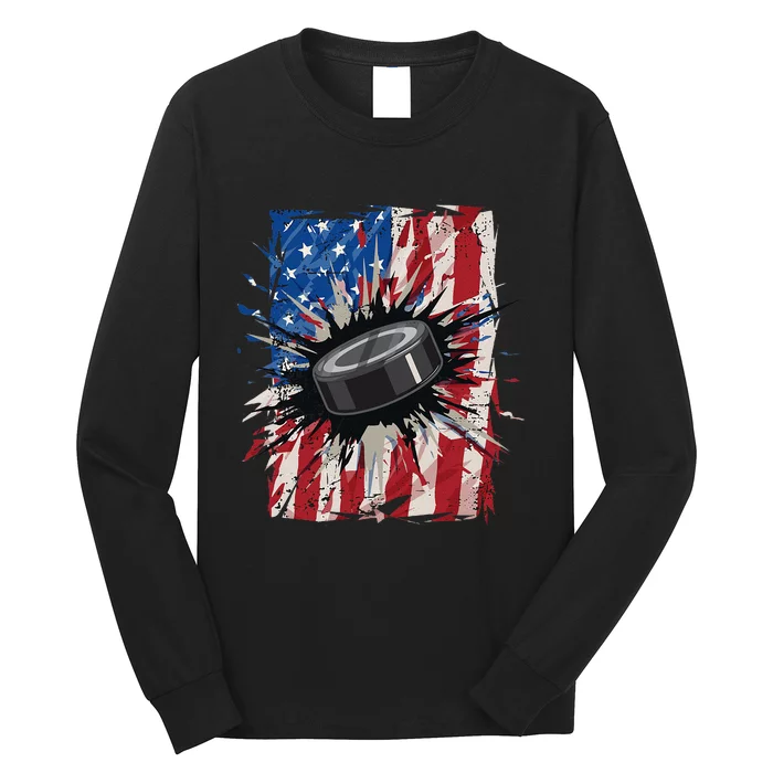 Patriotic Ice Hockey 4th Of July Men USA American Flag Long Sleeve Shirt