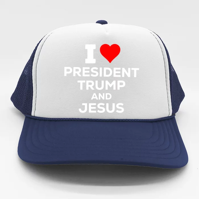 Patriotic I Heart Love President Trump And Jesus Usa Maga Gift Trucker Hat