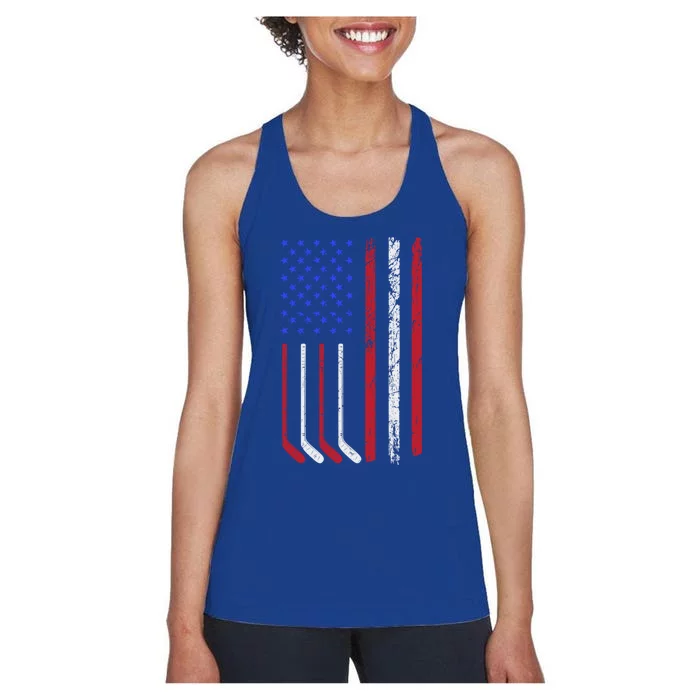 Patriotic Ice Hockey Player With American Flag Gift Women's Racerback Tank