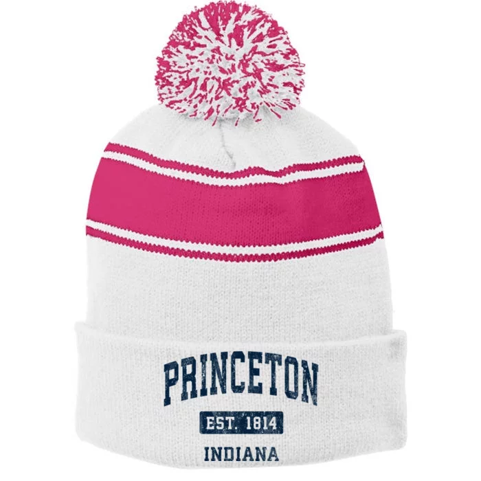 Princeton Indiana In Vintage Sports Established Stripe Pom Pom Beanie