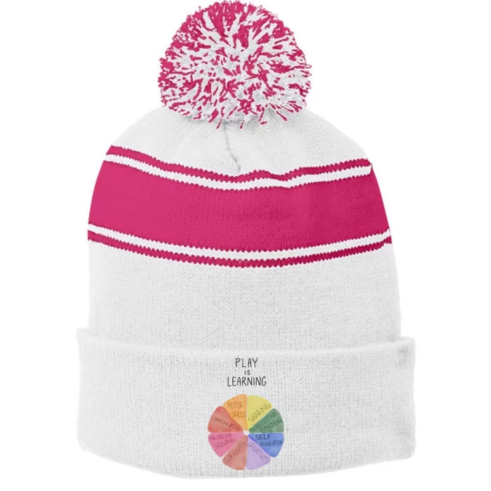 Play Is Learning Funny Teacher Stripe Pom Pom Beanie