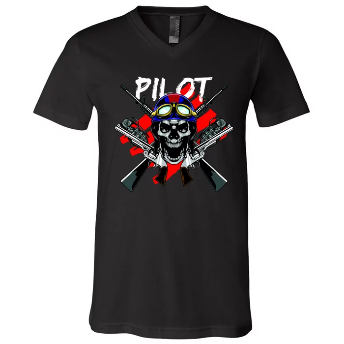 Pilot Skull V-Neck T-Shirt