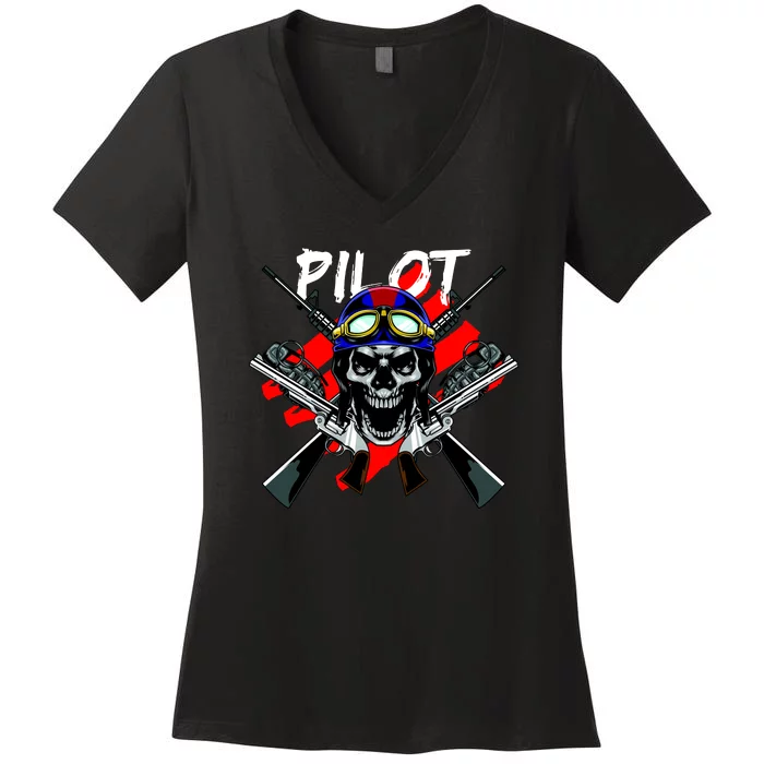 Pilot Skull Women's V-Neck T-Shirt