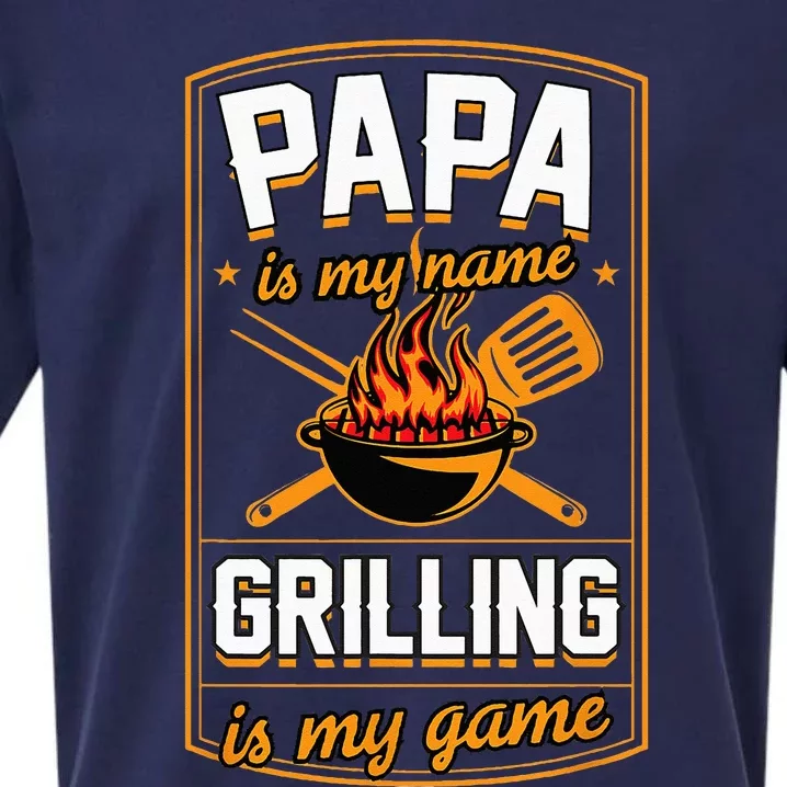 Papa Is My Name Grilling Is My Game Funny Grill Dad Sueded Cloud Jersey T-Shirt