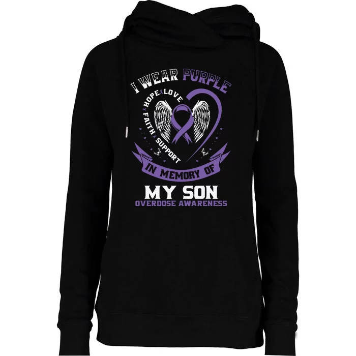 Purple In Memory Of My Son Drug Overdose Awareness Ribbon Womens Funnel Neck Pullover Hood