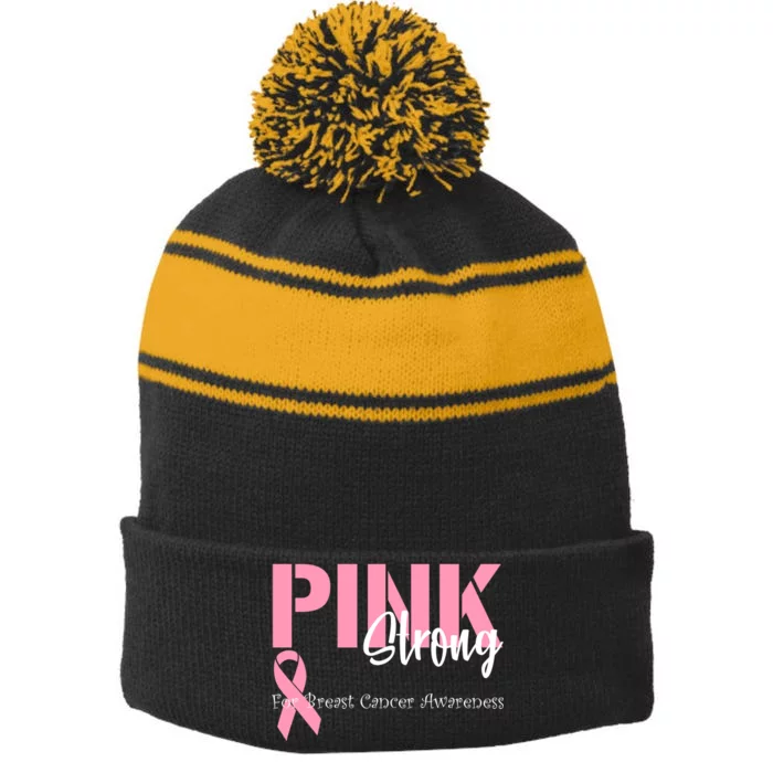 Pink And Strong Breast Cancer Awareness Stripe Pom Pom Beanie