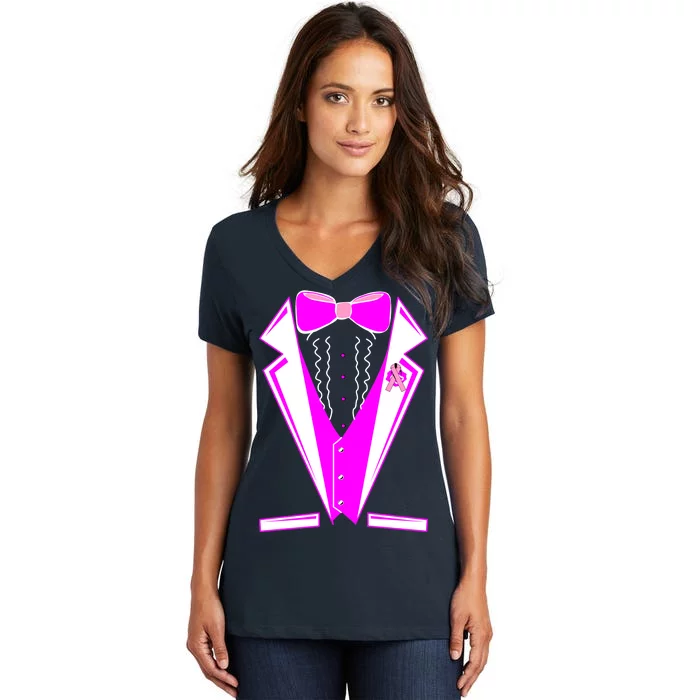 Pink Breast Cancer Tuxedo Women's V-Neck T-Shirt