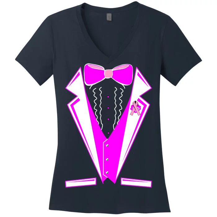 Pink Breast Cancer Tuxedo Women's V-Neck T-Shirt