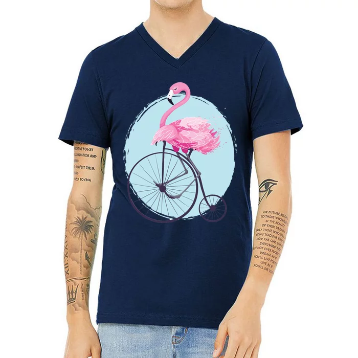 Pink Flamingo On Tall Bicycle Retro V-Neck T-Shirt