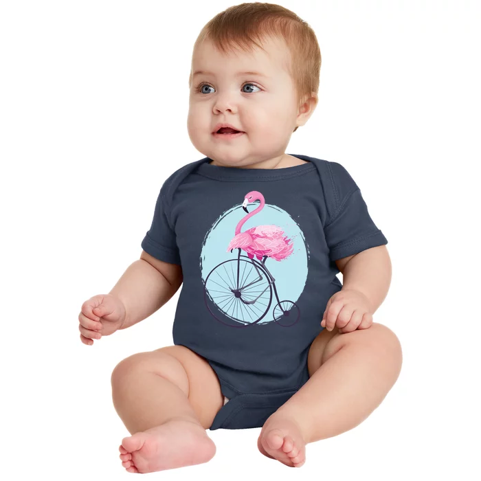 Pink Flamingo On Tall Bicycle Retro Baby Bodysuit