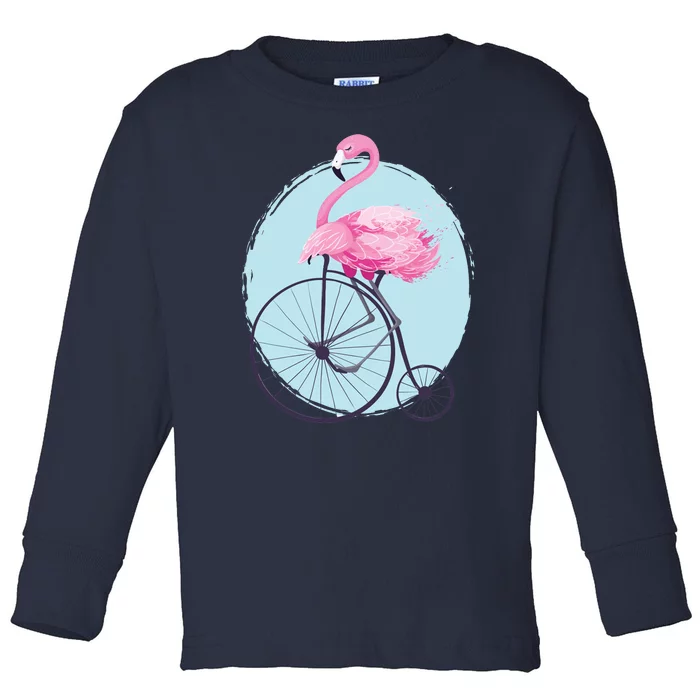 Pink Flamingo On Tall Bicycle Retro Toddler Long Sleeve Shirt