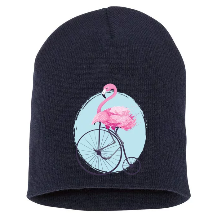 Pink Flamingo On Tall Bicycle Retro Short Acrylic Beanie