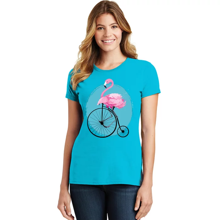 Pink Flamingo On Tall Bicycle Retro Women's T-Shirt