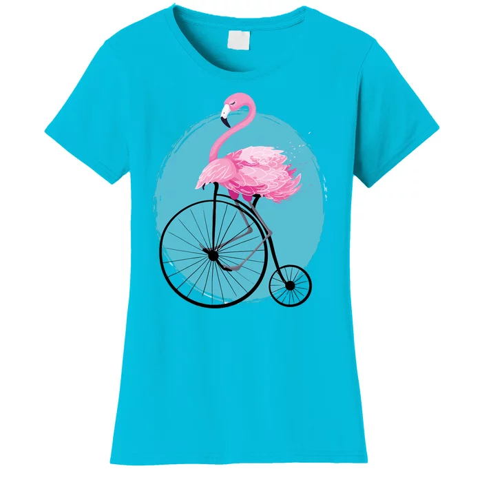 Pink Flamingo On Tall Bicycle Retro Women's T-Shirt