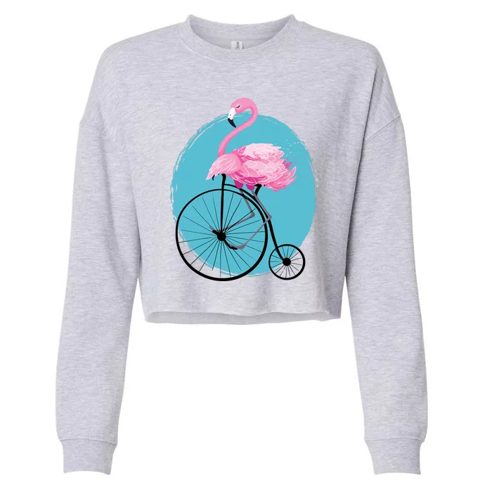 Pink Flamingo On Tall Bicycle Retro Cropped Pullover Crew