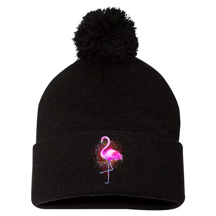 Pink Flamingo Paint Art Pom Pom 12in Knit Beanie