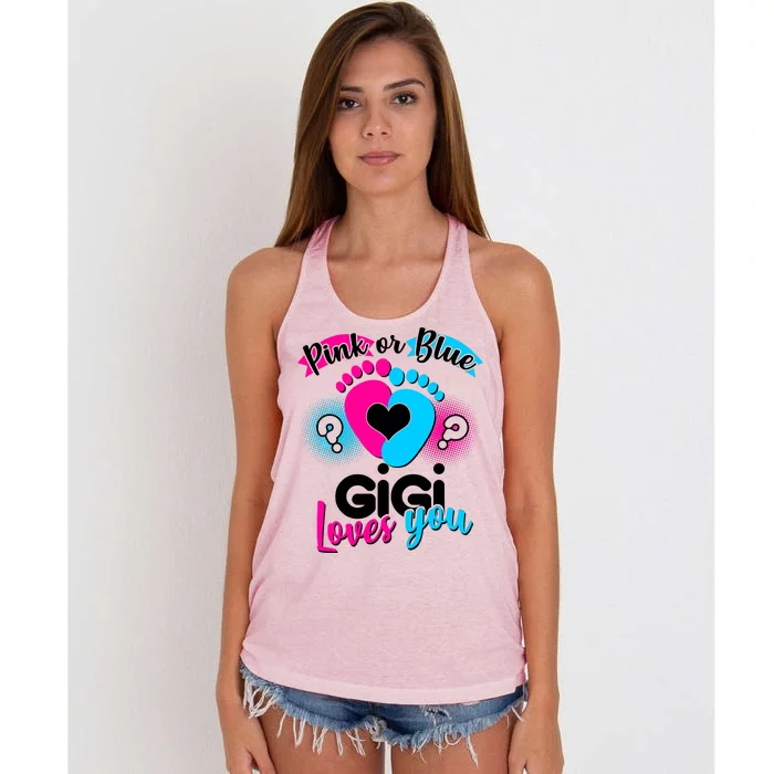 Pink Or Blue Gigi Loves You Baby Gender Reveal Women's Knotted Racerback Tank