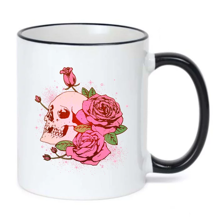 Pink Roses Skull Tattoo Black Color Changing Mug