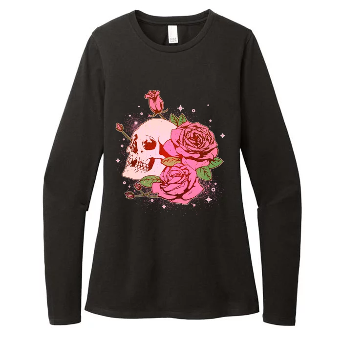 Pink Roses Skull Tattoo Womens CVC Long Sleeve Shirt