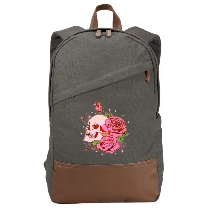 Pink Roses Skull Tattoo Cotton Canvas Backpack