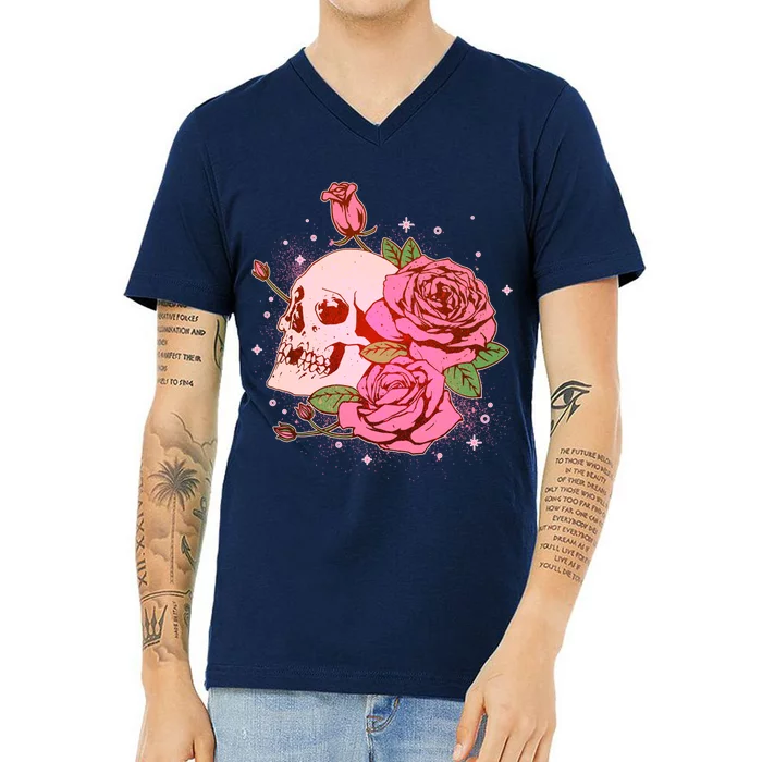 Pink Roses Skull Tattoo V-Neck T-Shirt