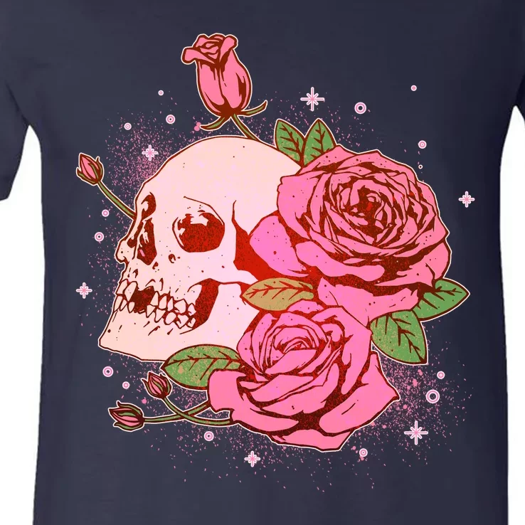 Pink Roses Skull Tattoo V-Neck T-Shirt