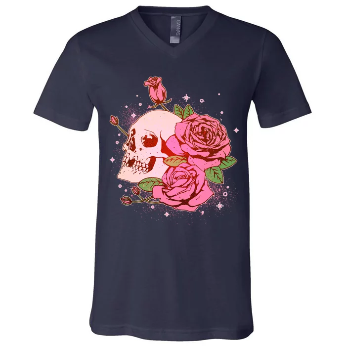 Pink Roses Skull Tattoo V-Neck T-Shirt