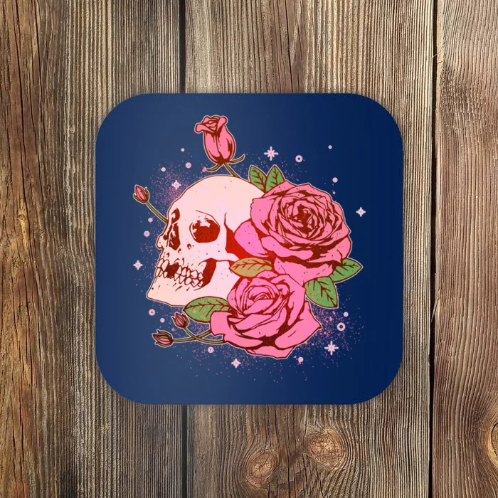 Pink Roses Skull Tattoo Coaster