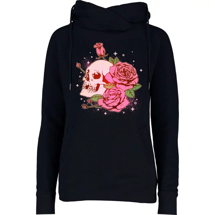 Pink Roses Skull Tattoo Womens Funnel Neck Pullover Hood