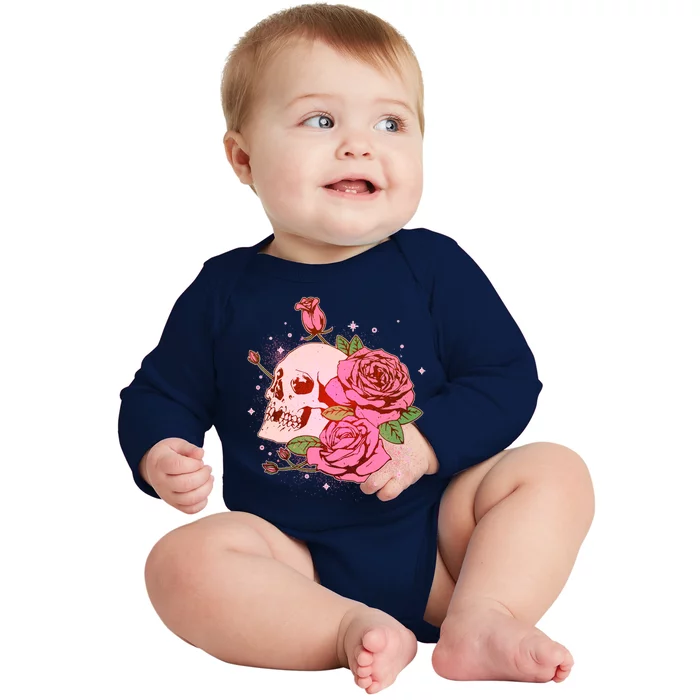 Pink Roses Skull Tattoo Baby Long Sleeve Bodysuit