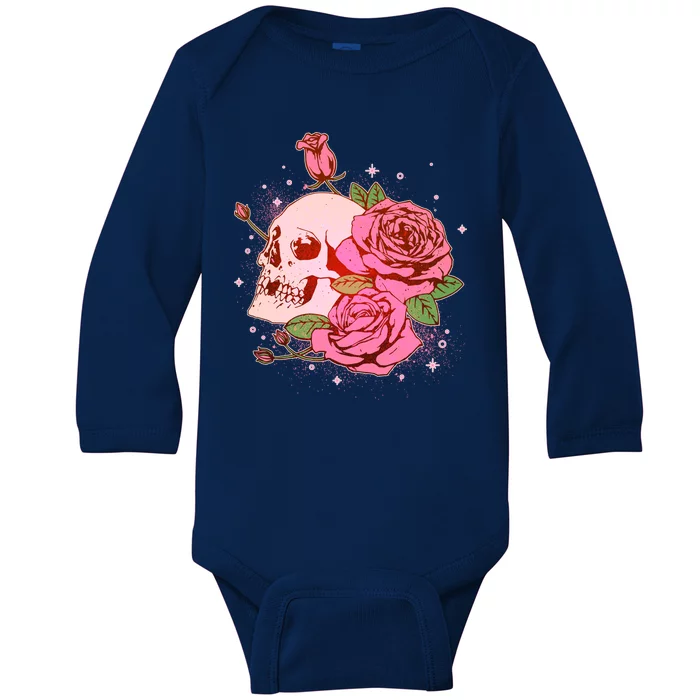 Pink Roses Skull Tattoo Baby Long Sleeve Bodysuit