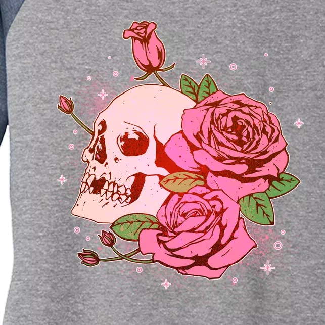 Pink Roses Skull Tattoo Women's Tri-Blend 3/4-Sleeve Raglan Shirt